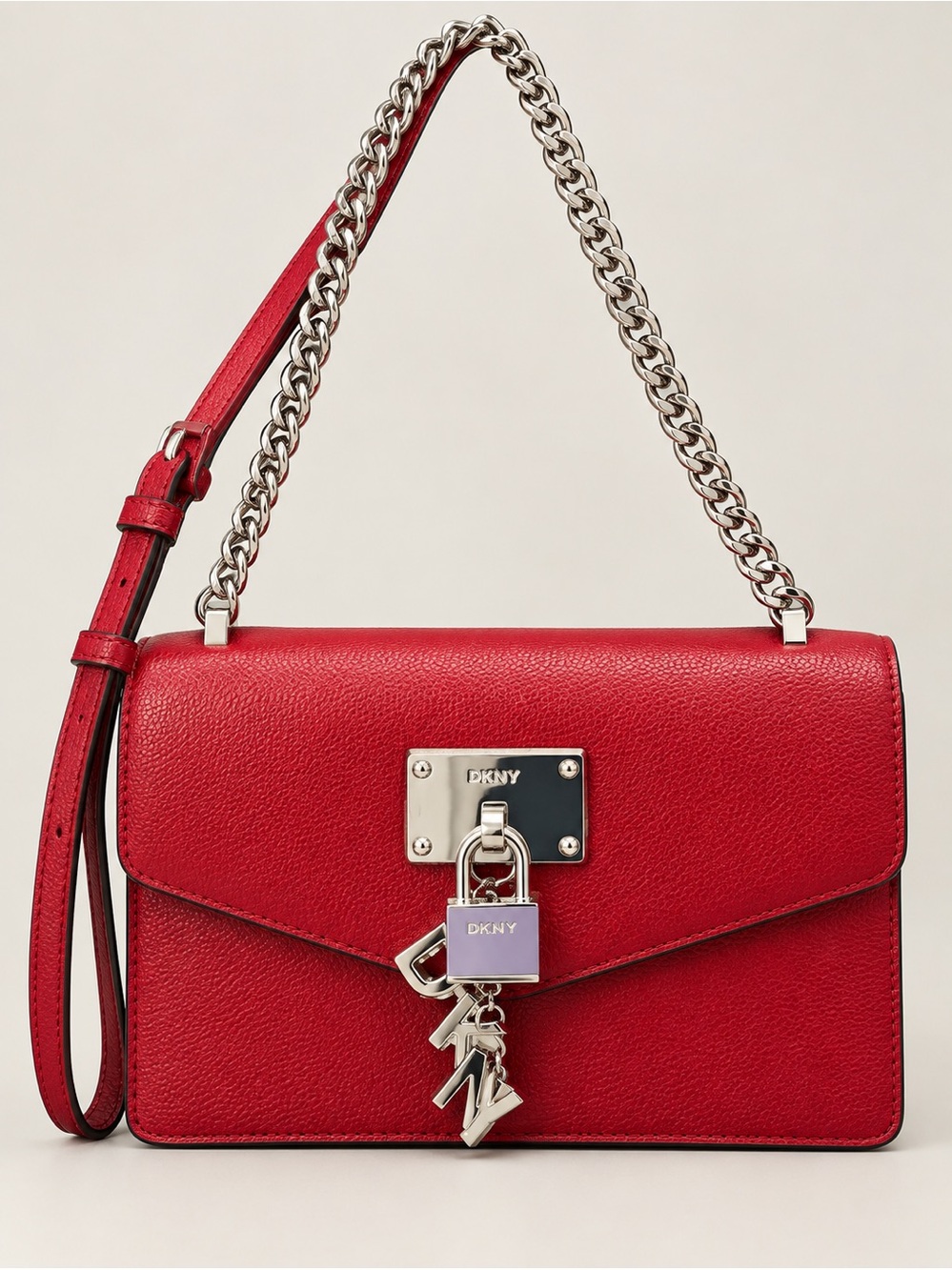 DKNY Red Leather Chain Shoulder Bag with Logo Lock Charm and Charm Letters
